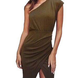 Lulus One Shoulder Raise A Glass Olive Green Midi Dress Size Medium New